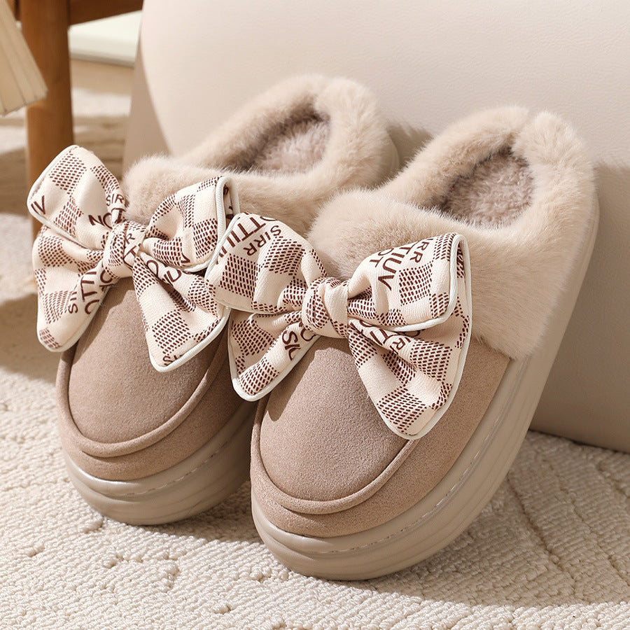 Cute Bowknot Plush Slipper Winter Warm Indoor Floor Bedroom Home Slippers For Women Fashion Thick-soled Solid House Shoes