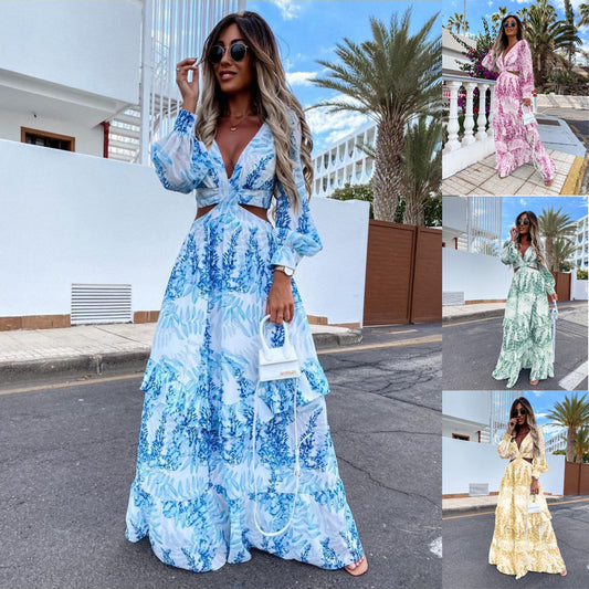 Elegant Women's Hollow Floor V-neck Long-sleeved Plant Dress Long Dresses Spring Summer Print V-neck Long Sleeve Dress