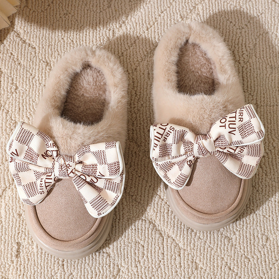 Cute Bowknot Plush Slipper Winter Warm Indoor Floor Bedroom Home Slippers For Women Fashion Thick-soled Solid House Shoes